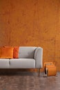 Wabi sabi living room interior with old orange wall and new stylish couch, real photo with copy space