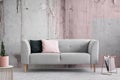 Wabi sabi living room with shabby grey and pink wall, copy space