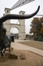 Waco Texas Suspension Bridge Over the Brazos River with Cow Sculpture