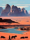 Wadi Rum Desert Illustration: Explore Jordan Majestic Landscape Red Sand Dunes, Adventure, Camel Safari, Desert Exploration Royalty Free Stock Photo