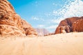 Wadi Rum Desert, Jordan. The red desert and Jabal Al Qattar mountain. Sand-dunes in Wadi-Rum desert, Jordan, Middle East Royalty Free Stock Photo