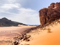 Wadi Rum Desert, Jordan. The red desert and Jabal Al Qattar mountain Royalty Free Stock Photo