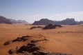 Wadi Rum desert in Jordan. Red Mars landscape, red sand and rocky mountains Royalty Free Stock Photo