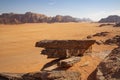 Wadi Rum desert in Jordan. Red Mars landscape, red sand and rocky mountains Royalty Free Stock Photo