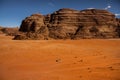 Wadi Rum Desert in Jordan. On the Sunset. Panorama of beautiful sand pattern on the dune. Desert landscape in Jordan. Royalty Free Stock Photo