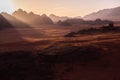 Wadi Rum Desert in Jordan. On the Sunset. Panorama of beautiful sand pattern on the dune. Desert landscape in Jordan. Royalty Free Stock Photo