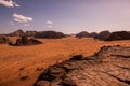 Wadi Rum Desert in Jordan. On the Sunset. Panorama of beautiful sand pattern on the dune. Desert landscape in Jordan. Royalty Free Stock Photo