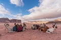 Wadi Rum desert landscape in Jordan with camels chilling in the morning Royalty Free Stock Photo