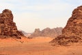 Wadi Rum desert panorama with dunes, mountains and sand that looks like planet Mars surface, Jordan Royalty Free Stock Photo