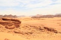 Wadi Rum desert panorama with dunes, mountains and sand that looks like planet Mars surface, Jordan Royalty Free Stock Photo