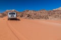 WADI RUM, JORDAN - MARCH 26, 2017: 4WD Toyota on a sand dune in Wadi Rum desert, Jord Royalty Free Stock Photo