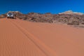 WADI RUM, JORDAN - MARCH 26, 2017: 4WD Toyota on a sand dune in Wadi Rum desert, Jord Royalty Free Stock Photo