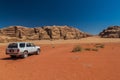 WADI RUM, JORDAN - MARCH 26, 2017: 4WD Toyota in Wadi Rum desert, Jord Royalty Free Stock Photo