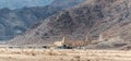 The Wadi Rum Visitor Center stands near the foot of the red mountains in the Wadi Rum desert near Aqaba city in Jordan