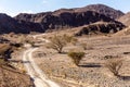 Wadi Shawka hiking trail, winding gravel dirt road through Wadi Shawka riverbed, UAE. Royalty Free Stock Photo