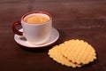 Wafel, caramel waffle and coffee cup, coffeebreak on dark background Royalty Free Stock Photo