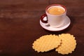 Wafel, caramel waffle and coffee cup, coffeebreak isolated on dark background Royalty Free Stock Photo