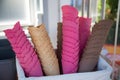 Wafer cups cone-shaped lilac brown in the basket.