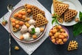 Wafers with ice cream and yellow raspberries. Royalty Free Stock Photo