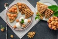 Wafers, ice cream and yellow raspberries. Royalty Free Stock Photo