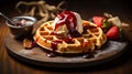 A waffle, adorned with vibrant strawberry syrup, glistening over a scoop of creamy vanilla ice cream