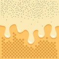 Waffle background with ice cream flowing down, wafer with vanilla glaze. Vector