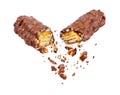 Waffle chocolate bar with nuts broken into two parts close up