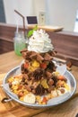 Waffle chocolate ice cream with various fruit and whip cream Royalty Free Stock Photo