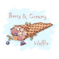 Waffle cone with butter cream and blueberries, raspberries and mint leaves. Desserts and sweets.