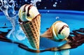 Waffle cone with chocolate covered ice cream with a splash in blue ice water. Freshness, cooling, thirst quenching in Royalty Free Stock Photo