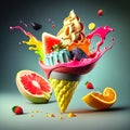 Waffle cone with colorful ice cream and flying tasty fresh fruits, made with generative ai Royalty Free Stock Photo