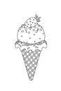 Waffle cone coloring page. Black and white ice cream with strawberry. Outline, vector