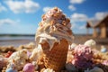 Waffle cone filled with aromatic vanilla and raspberry Ice cream, crazy big dessert on summer outside restaurant