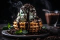 Waffle cone filled with mint chocolate chip ice cream, chocolate chips and fresh mint leaf. AI generated Royalty Free Stock Photo