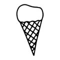 Waffle cone with ice cream drawn in the style of Doodle.Outline drawing by hand.Black-and-white image of the sweets.Monochrome.