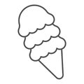 Waffle cone with ice cream thin line icon, ice cream concept, three ice cream balls vector sign on white background