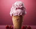 a waffle cone with pink ice cream and strawberries Royalty Free Stock Photo