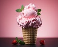 a waffle cone with pink ice cream and strawberries Royalty Free Stock Photo