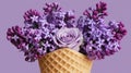 Waffle Cone with Purple Flowers, Gradient Purple Background, Floral Royalty Free Stock Photo