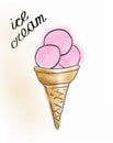 Waffle cone with scoop pink strawberry or raspberry ice cream. Sketch style illustration