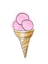 Waffle cone with scoop pink strawberry or raspberry ice cream. Sketch style illustration