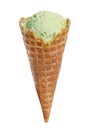 Waffle cone with sweet pistachio ice cream on white Royalty Free Stock Photo