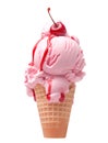 Waffle cone topped with pink ice cream and a fresh cherry on top, isolated on white background Royalty Free Stock Photo