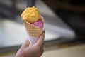 Waffle cone of two colored ice cream balls, pink and yellow colors, in woman`s hand. Delicious cooling portion of sweet