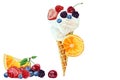 Waffle cone with vanilla ice cream and a mix of berries, watercolor Royalty Free Stock Photo