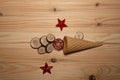 Waffle cone on a wooden background without ice cream