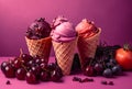 Waffle cones with delicious ice cream with fruits on pink background. Royalty Free Stock Photo