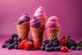 Waffle cones with delicious ice cream with fruits on pink background. Royalty Free Stock Photo