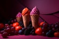 Waffle cones with delicious ice cream with fruits on purple background. Royalty Free Stock Photo