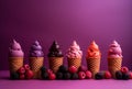Waffle cones with delicious ice cream with fruits on purple background. Royalty Free Stock Photo